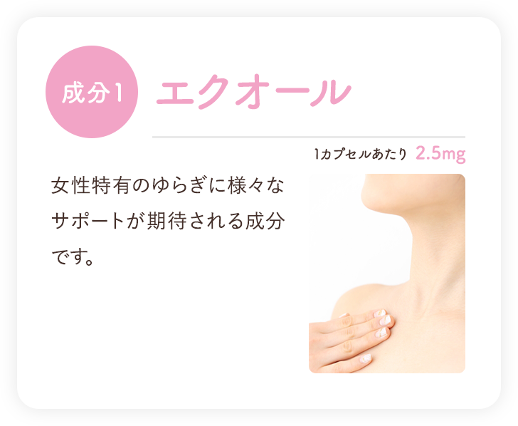 成分1 エクオール 女性を守る女性ホルモンであるエストロゲンによく似た働きをするため、女性特有ゆらぎの軽減を中心に様々な効果が期待されます。