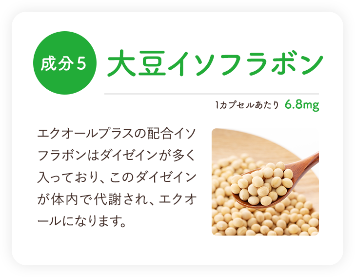 成分5 大豆イソフラボン エクオールプラスの配合イソフラボンはダイゼインが多く入っており、このダイゼインが体内で代謝され、エクオールになります。
